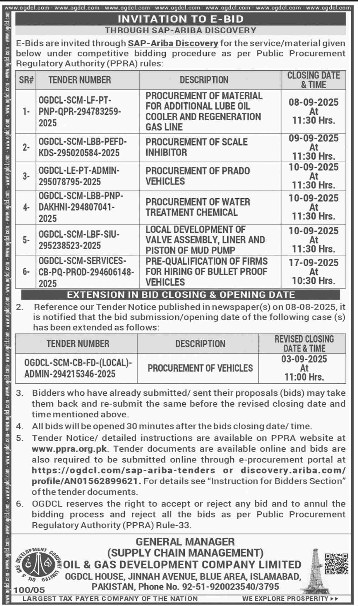 Oil & Gas Development Company Limited Islamabad Tender Notice